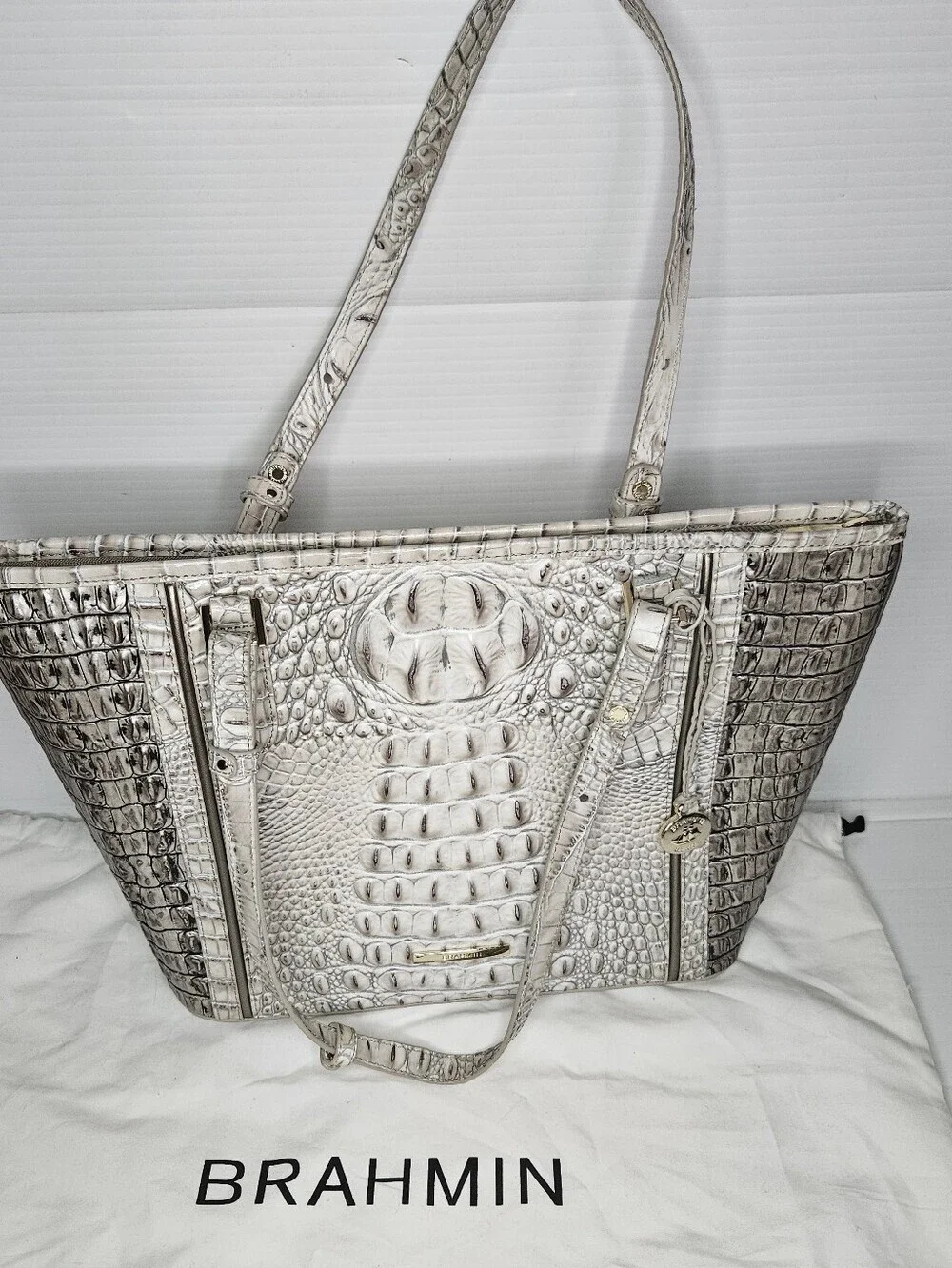 BRAHMIN Medium Asher Bag Fairest Grey Embossed Leather Structured Satchel NWOT